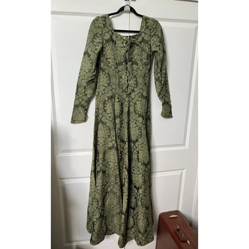 Homemade Brocade Green Renaissance Maxi Dress Whimsigoth Damask Corset Medieval - Picture 9 of 16
